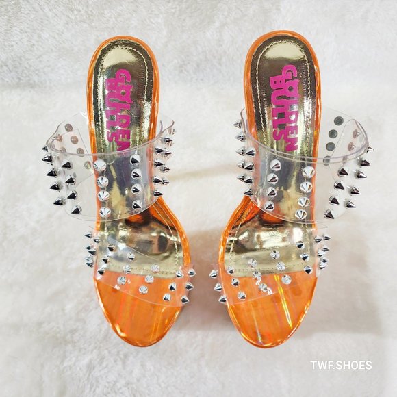 Sleek Slim 8" Towering Platform Heels Orange Double Clear Spiked Straps … - Picture 8 of 12